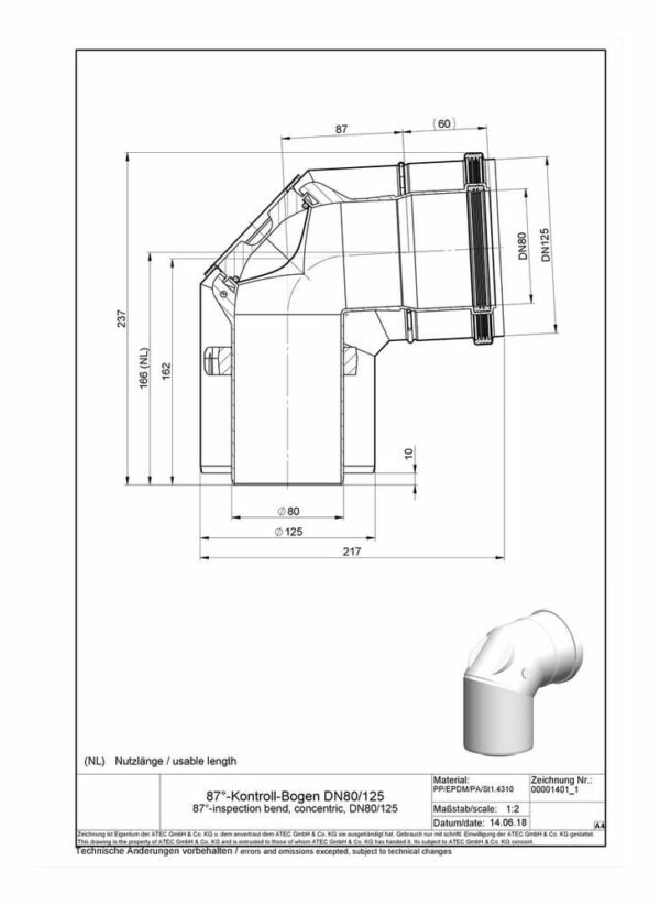ATEC Abgas 87°-Kontroll-Bogen DN 80/125 konzentrisch